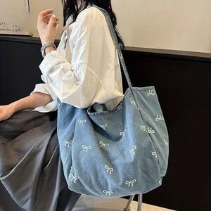 Denim Bow Print Tote New